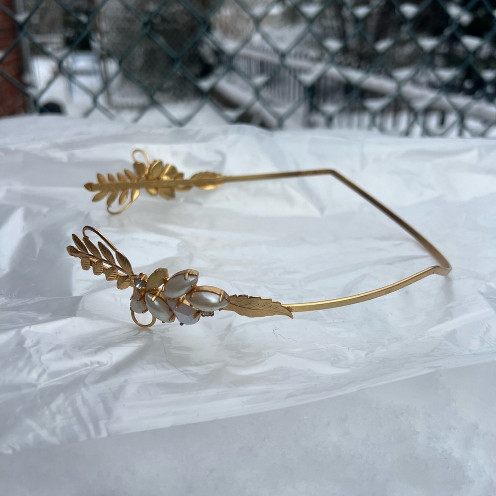 Victoria Goddess Crown- Gold Leaf Pearl Accent Headband - Women’s Hair Accessory